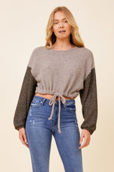 Light Grey w/ Charcoal Tie Front Color Block Sweater | Vintage Havana Women