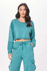 Teal Green Terry Cargo Fleece Crewneck | Vintage Havana Women
