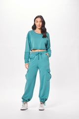 Teal Green Terry Cargo Fleece Crewneck | Vintage Havana Women