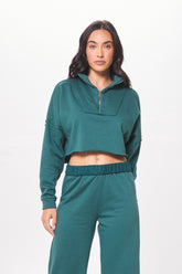Hunter Green Fleece Quarter Zip w/ Raw Edge | Vintage Havana Women