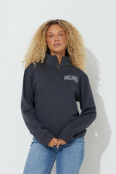 Black "Bonjour" Quarter Pigment Dyed Zip Sweatshirt | Vintage Havana Women