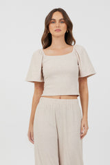 Heather Oatmeal Drapey Knit Puff Sleeve Top | Vintage Havana Women