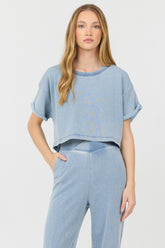 Washed Denim Terry Fleece Cropped Shirt | Vintage Havana Women