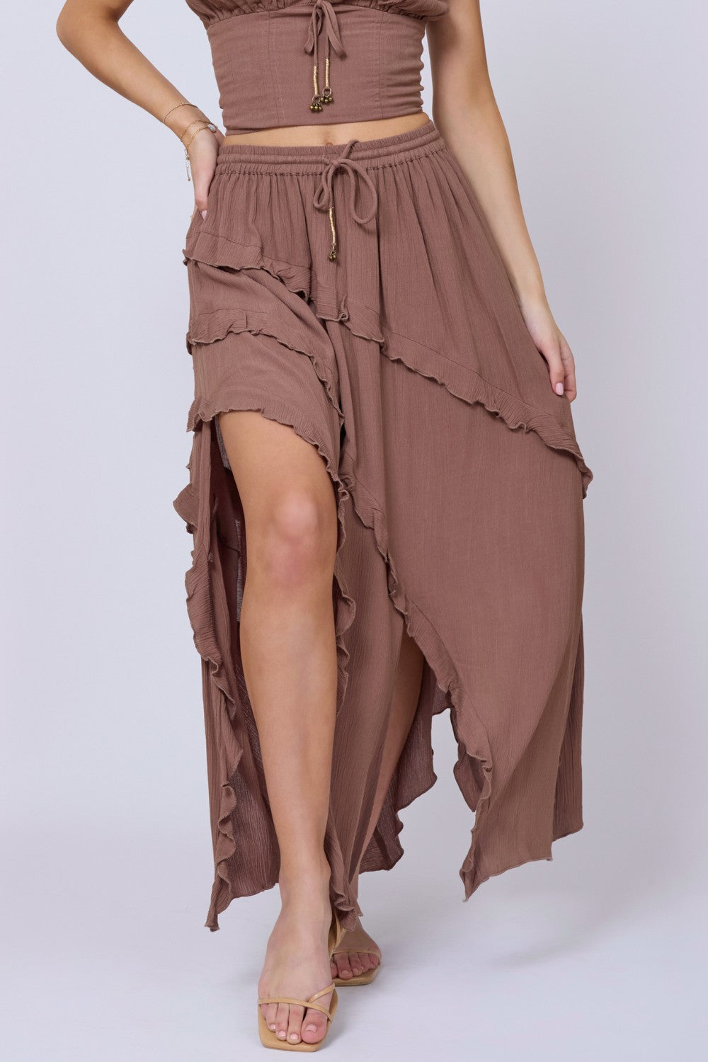 Washed Mocha Rayon Crinkle Ruffle Maxi Skirt | Vintage Havana Women