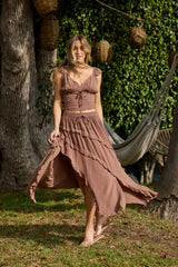 Washed Mocha Rayon Crinkle Ruffle Maxi Skirt | Vintage Havana Women