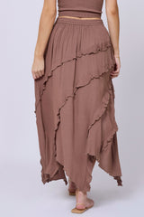 Washed Mocha Rayon Crinkle Ruffle Maxi Skirt | Vintage Havana Women