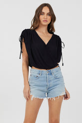 Black Rayon Crinkle Surplice Top | Vintage Havana Women