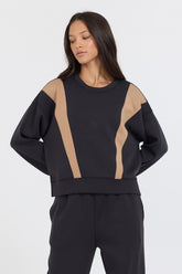 Black/ Caramel Colorblock Insert Cloud Fleece Crew | Vintage Havana Women