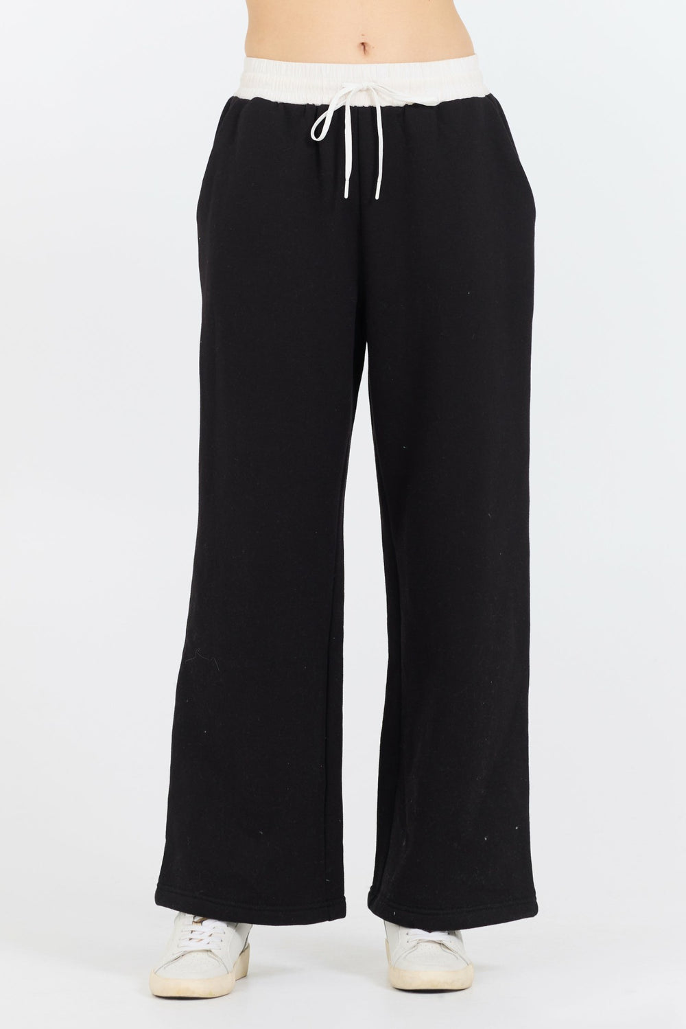 Black/ White Essential Fleece Pant W/ Poplin Waist | Vintage Havana Women