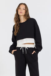 Black/ White Essential Fleece Crewneck W/ Poplin Insert | Vintage Havana Women
