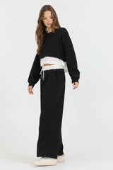 Black/ White Essential Fleece Crewneck W/ Poplin Insert | Vintage Havana Women