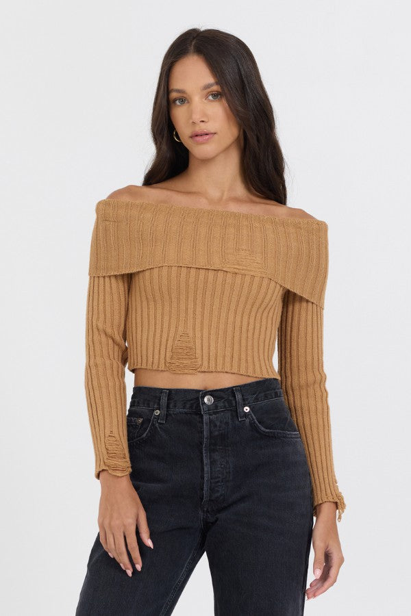 Caramel Distressed Off Shoulder Sweater | Vintage Havana Women