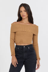Caramel Distressed Off Shoulder Sweater | Vintage Havana Women