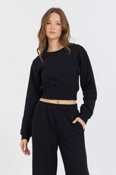 Black Brushed Fleece Corset Crew | Vintage Havana Women