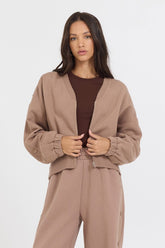 Caramel Latte Brushed Fleece Zip Up W/ Snap Sleeves | Vintage Havana Women