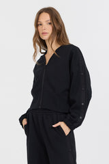 Black Brushed Fleece Zip Up W/ Snap Sleeves | Vintage Havana Women
