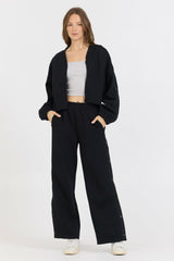 Black Brushed Fleece Zip Up W/ Snap Sleeves | Vintage Havana Women