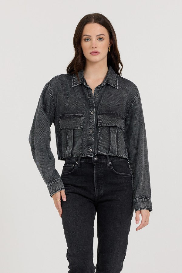 Washed Black Cropped Pocket Detail Shirt | Vintage Havana Women