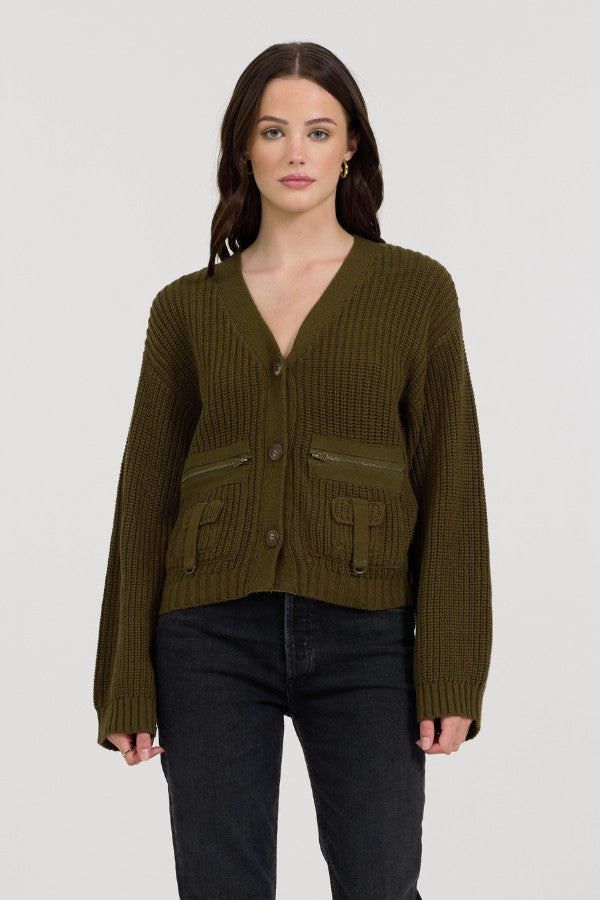Deep Olive Fitted Utilty Cardigan | Vintage Havana Women