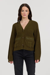Deep Olive Fitted Utilty Cardigan | Vintage Havana Women