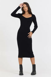 Black Fitted Rib Knit Midi Dress | Vintage Havana Women