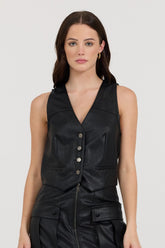 Black Leather Button Front Vest | Vintage Havana Women