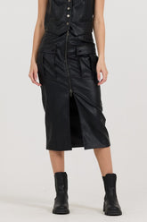 Black leather Zip Front Midi Skirt | Vintage Havana Women