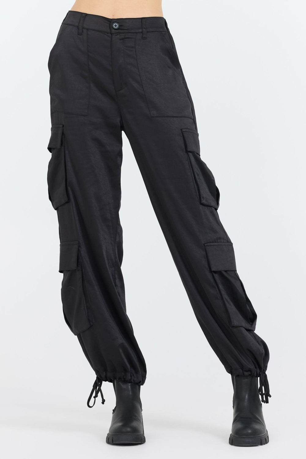 Black Heavy Satin Cargo Pants | Vintage Havana Women