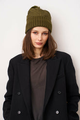 PUFFER POMPOM HAT - OLIVE | Vintage Havana Women