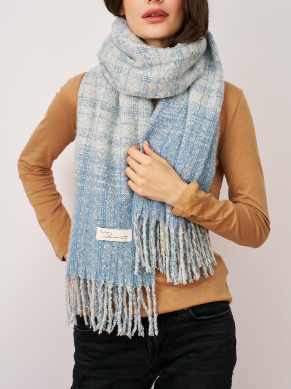 BOUCLE CHECK TASSEL SCARF - BLUE | Vintage Havana Women