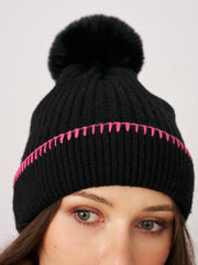 RIBBED POMPOM BEANIE - BLACK/PINK | Vintage Havana Women
