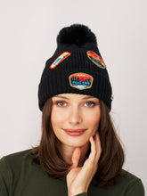RIBBED POMPOM BEANIE WITH LAKE TAHOE PATCH - BLACK | Vintage Havana Women