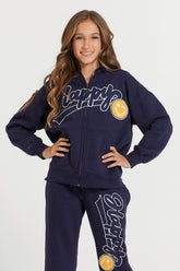 Kids Navy Full Zip Hoodie With Happy Smile Patched Embroidery | Vintage Havana Women