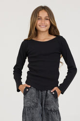 Kids Black Boatneck Ribbed Tee | Vintage Havana Women