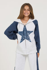 Kids Ash Grey Navy Color Block Oversized Star Hoody | Vintage Havana Women