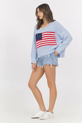 Light Blue American Flag Graphic Sweater | Vintage Havana Women
