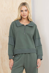 Fleece Quarter Zip w/ Rib Detail - Olive | Vintage Havana Women