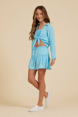 Tropical Blue Tie Front Collared Top | Vintage Havana Clothing
