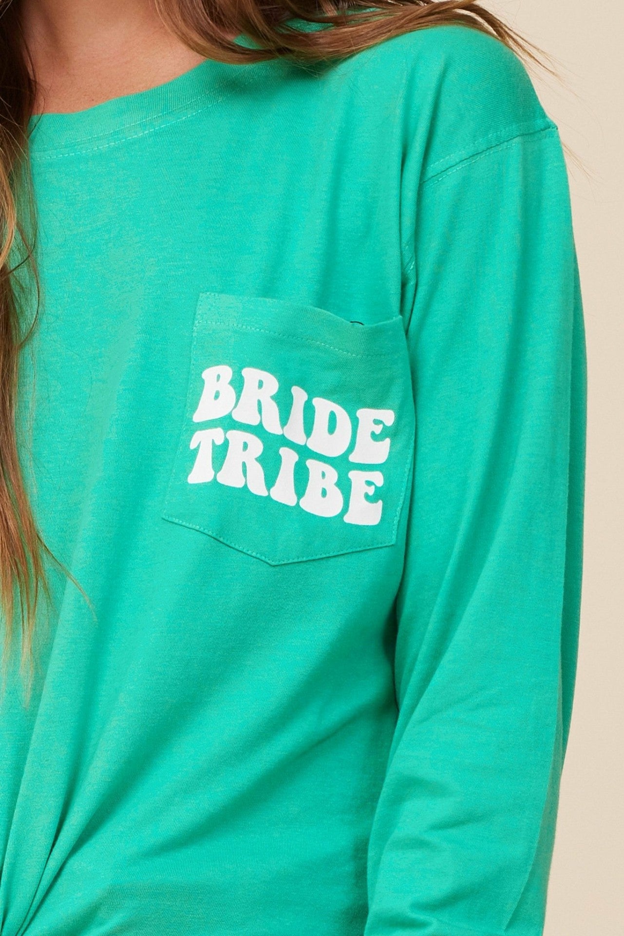 "Bride Tribe" Surf Green Wash Long Sleeved Pocket Tee | Vintage Havana Women