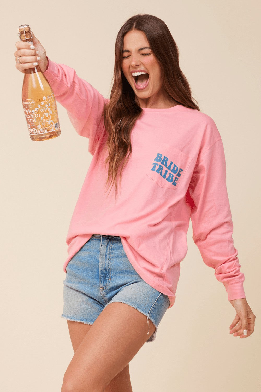 "Bride Tribe" Sunset Pink Wash Long Sleeved Pocket Tee | Vintage Havana Women