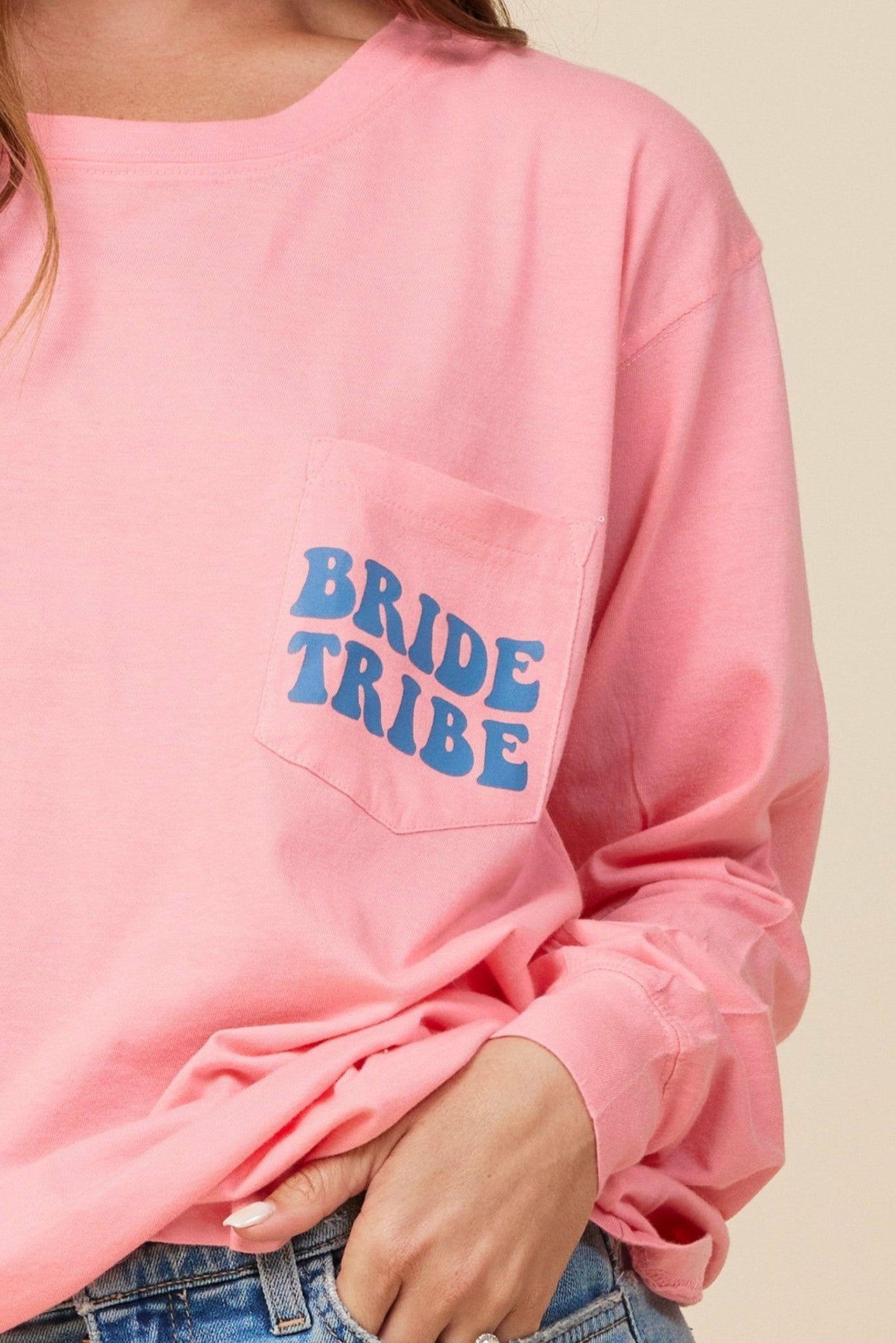 "Bride Tribe" Sunset Pink Wash Long Sleeved Pocket Tee | Vintage Havana Women