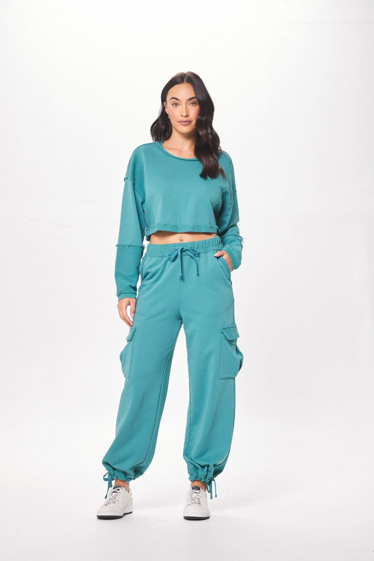 Teal Green Terry Cargo Fleece Crewneck | Vintage Havana Women