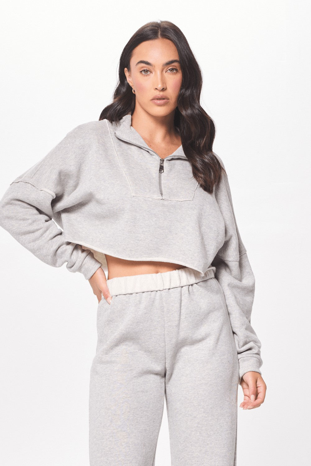 Hunter Grey Fleece Quarter Zip w/ Raw Edge | Vintage Havana Women