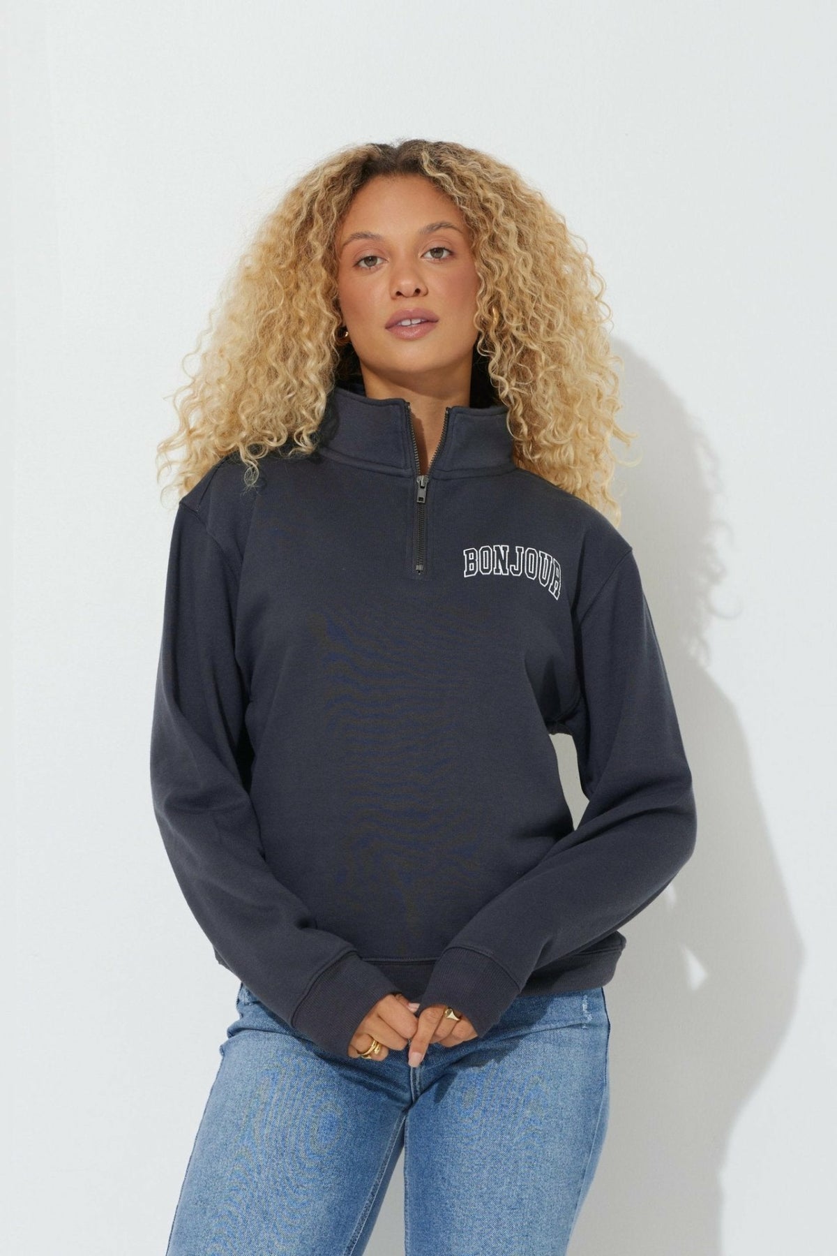 Black "Bonjour" Quarter Pigment Dyed Zip Sweatshirt | Vintage Havana Women
