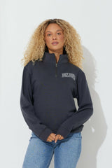Black "Bonjour" Quarter Pigment Dyed Zip Sweatshirt | Vintage Havana Women