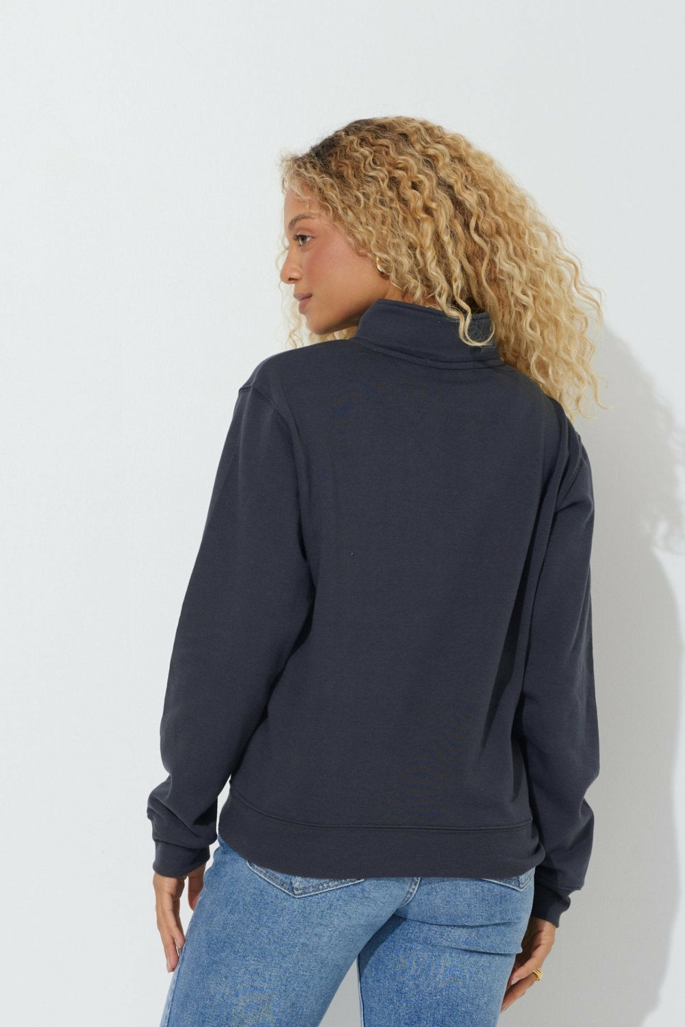 Black "Bonjour" Quarter Pigment Dyed Zip Sweatshirt | Vintage Havana Women