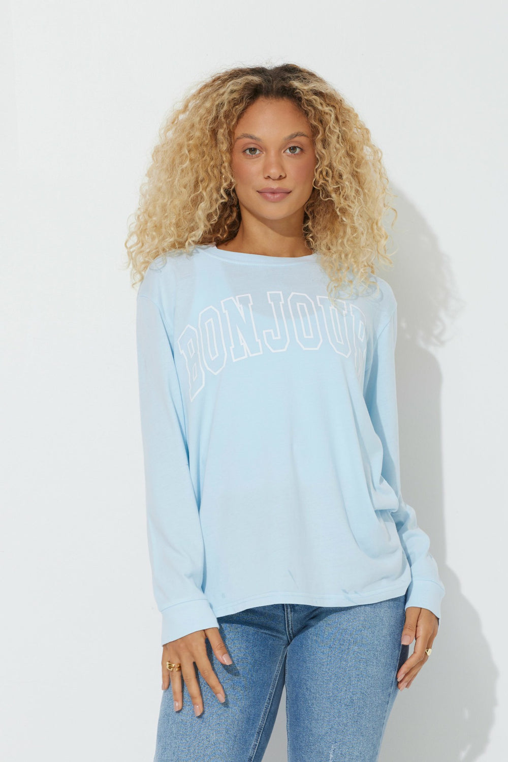 Sky Blue "Bonjour" Pigment Dyed Long Sleeve Tee | Vintage Havana Women