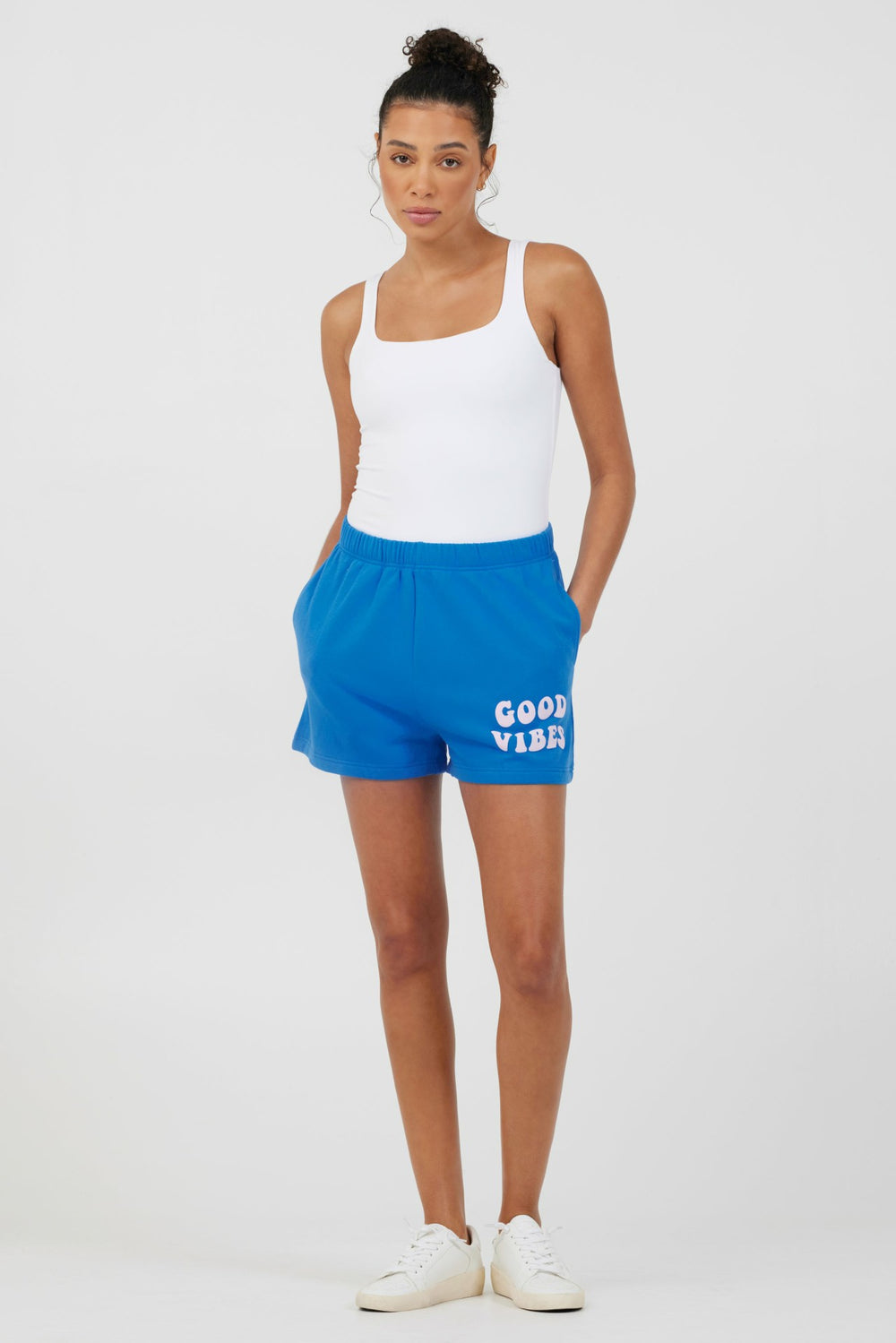 Royal Blue W/ Pink Puff "Good Vibes" Surf Wash Shorts | Vintage Havana Women