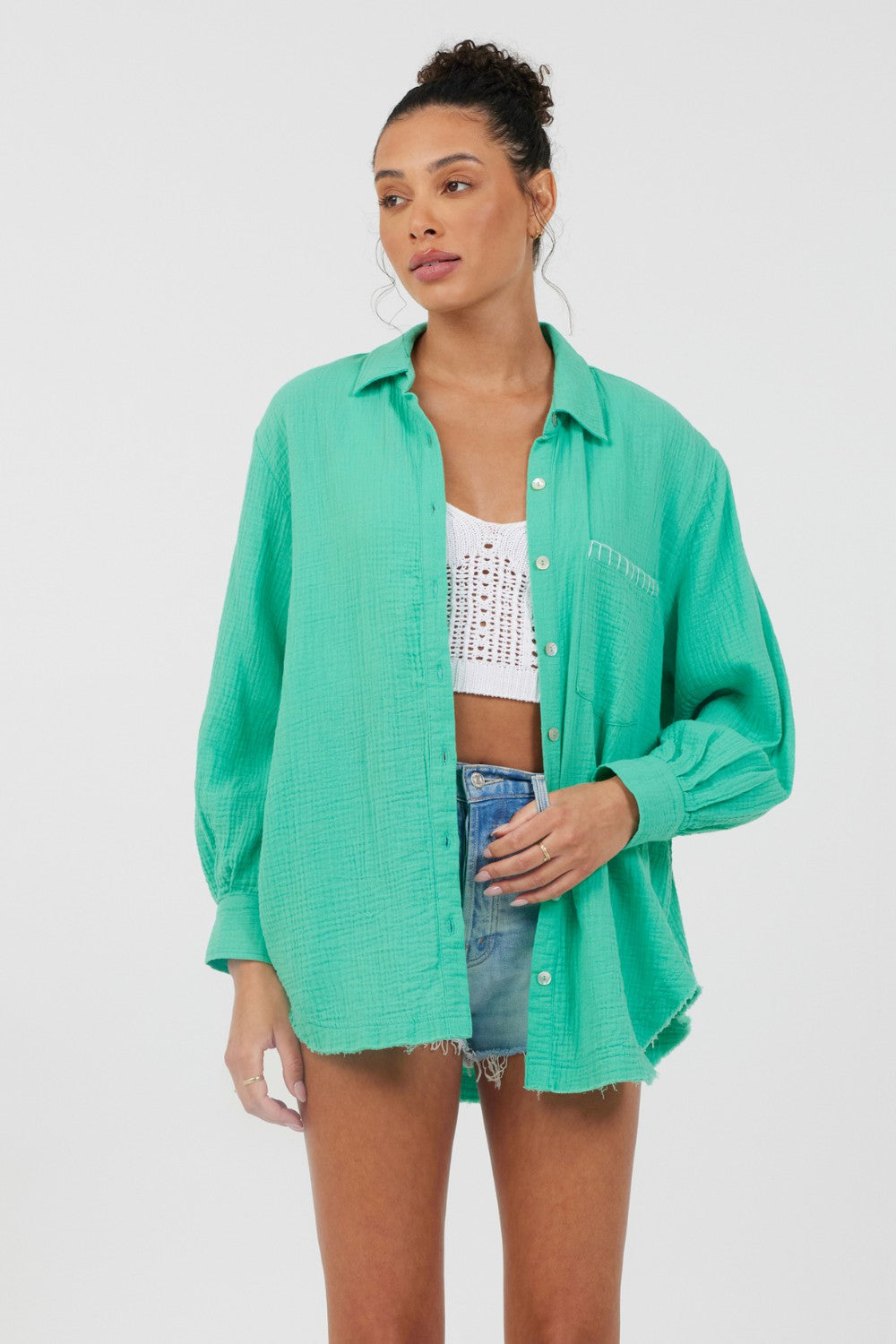 Super Green/ Soft Ivory Embroidery Detail Gauze Shirting | Vintage Havana Women
