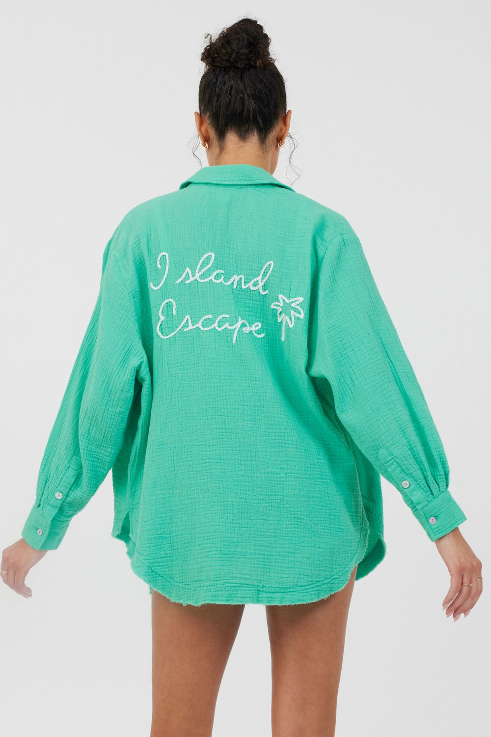 Super Green/ Soft Ivory Embroidery Detail Gauze Shirting | Vintage Havana Women